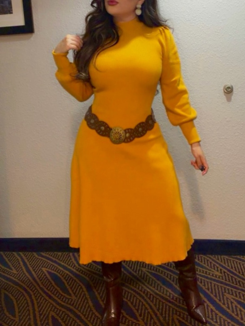 MOTF Mustard Yellow Long-Sleeve Knit Midi Dress